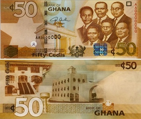 Front and back of a Ghana 50 cedi banknote