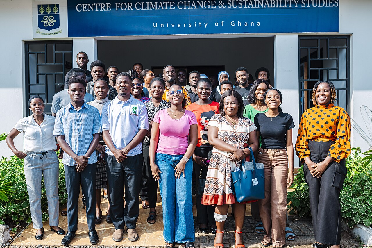 A diverse group of young Ghanaian adults outside the University of Ghana